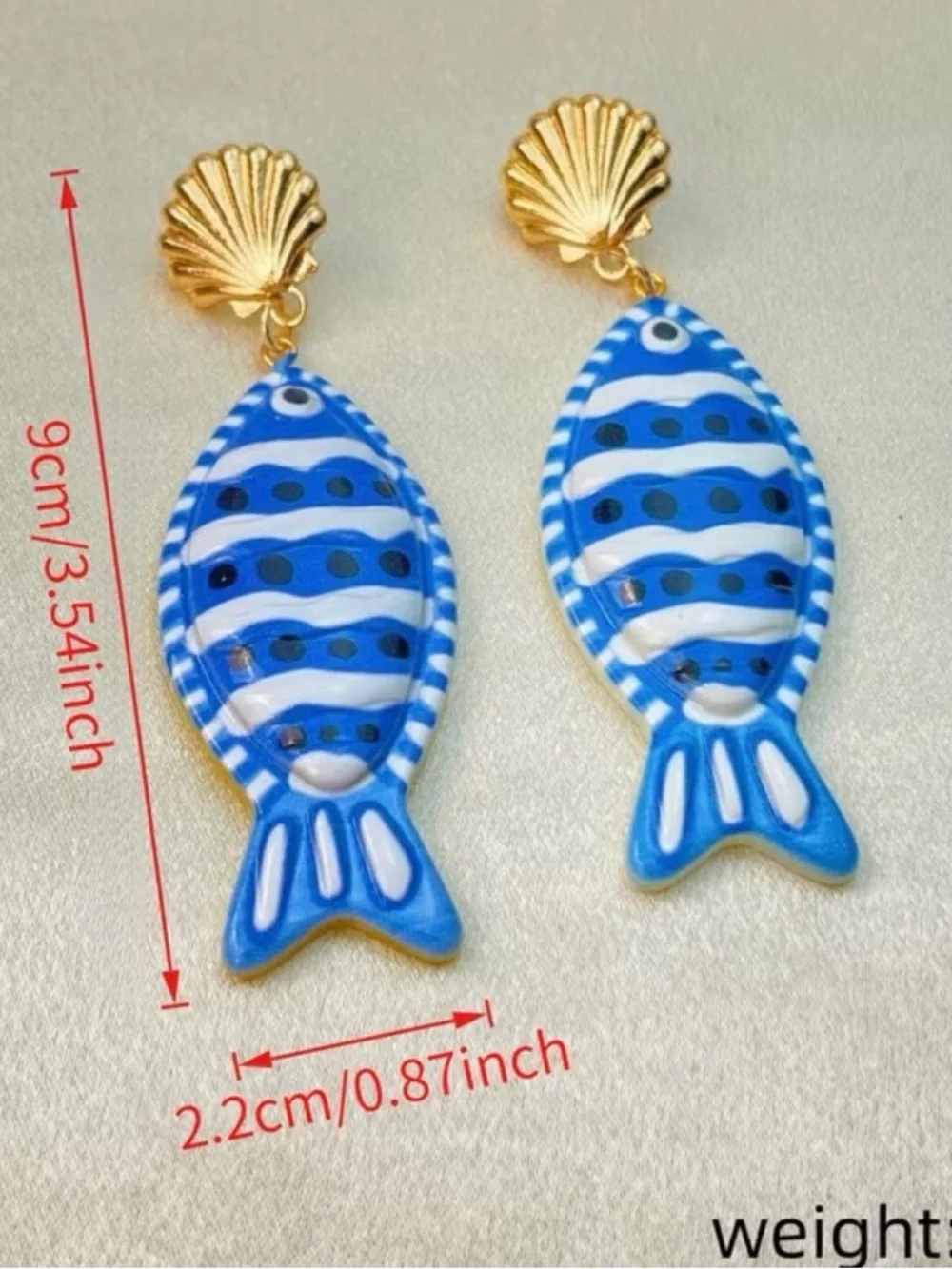 Fashion Jewelry Blue & White Fish Drop Earrings with Gold Shell Stud NWT